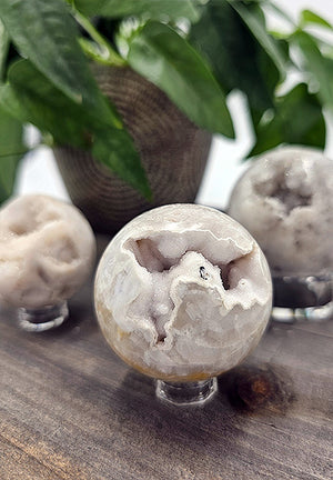 White Agate Sphere with Druzy