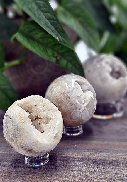 White Agate Sphere with Druzy